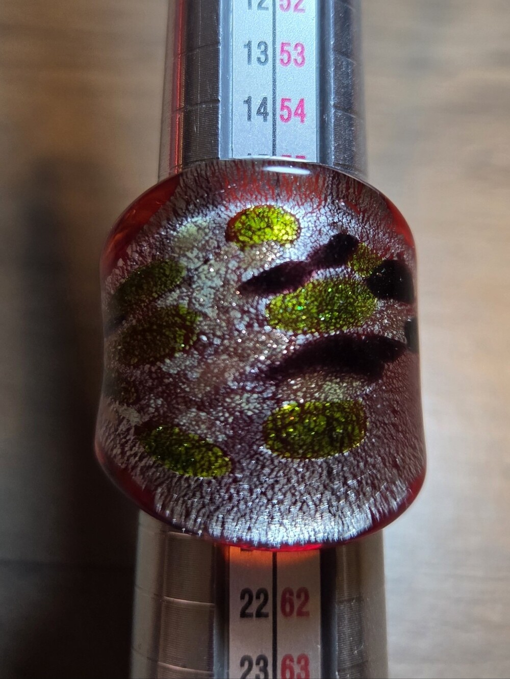 Handcrafted Red Glass Statement Ring with Green Accents Size 8
